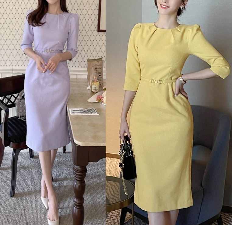 膝下ワンピース ベルト付 パステルカラー 結婚式 パーティー3色