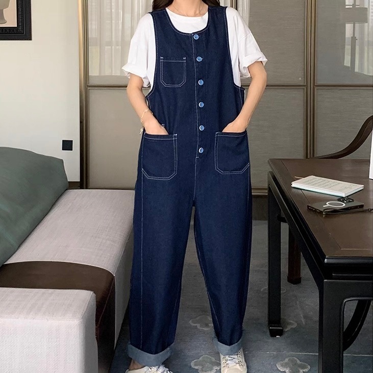 レディース パンツ サロペット オーバーオール デニム デニムパンツ カバーオール 丈長 フルレングス 袖なし ノースリーブ Uネック ラウンドネック ストレート オーバーサイズ ポケット ボタン