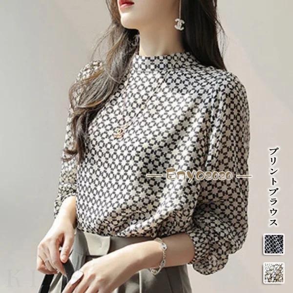 【即納】プリント スタンドネック フェミニン 長袖 シフォン ブラウス 春 レディース