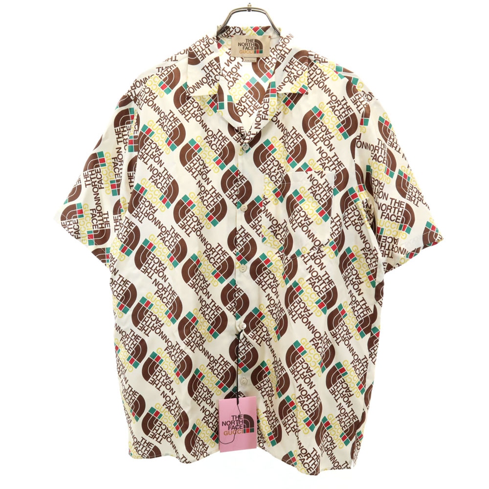 未使用 イタリア製 ノースフェイス コラボ シルク 総ロゴ 半袖 シャツ 46 アイボリー系 x THE NORTH FACE 箱付き メンズ