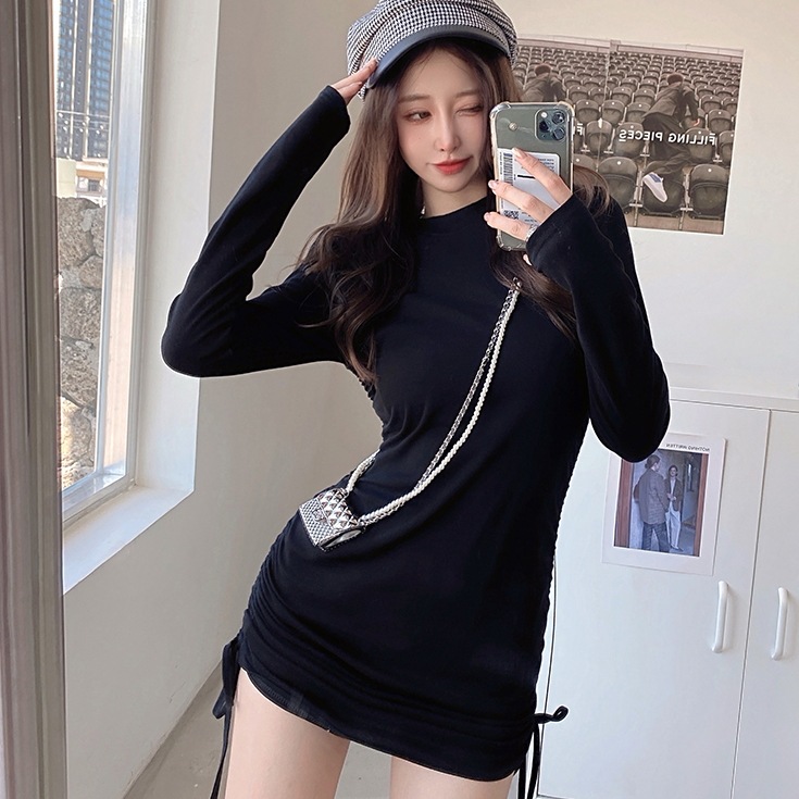 ワンピース ミニ丈 ショート ショート丈 袖あり 長袖 ラウンドネック タイト 細身 ストレート