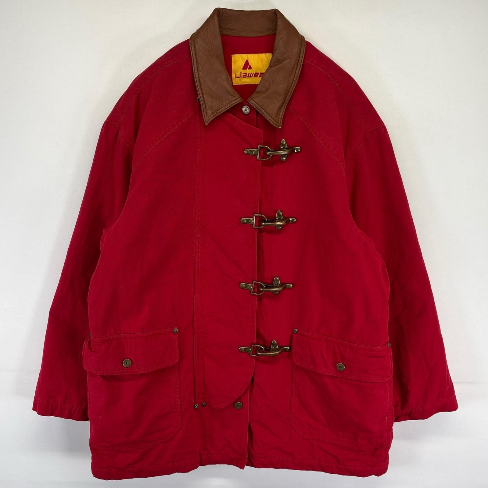 古着 Lizwear ジャケット ファイヤーマンジャケット 襟レザー 無地 M レッド メンズ