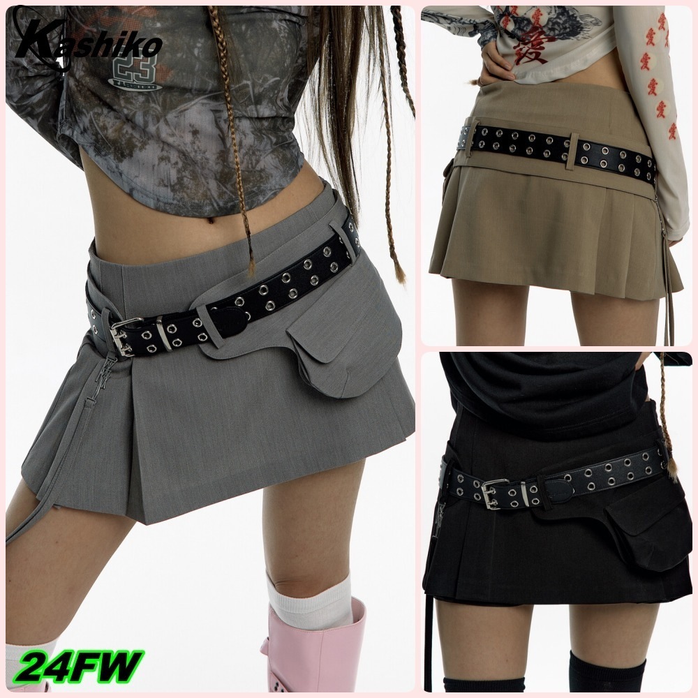 【Kashiko】送料/関税込 Pleats Pocket Belt Mini Skirt