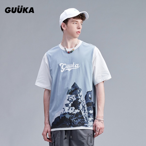 トレンディなスカイブルーのヒップホップ学生半袖フェイクツーピース