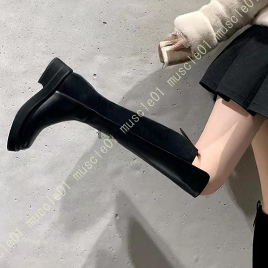 コスプレ靴 ブーツ レディース ロング丈 ロングブーツ ローヒール パーティーシューズ チャンキーヒール 黒 秋冬 シンプル 美脚 長靴 厚底 カジュアル