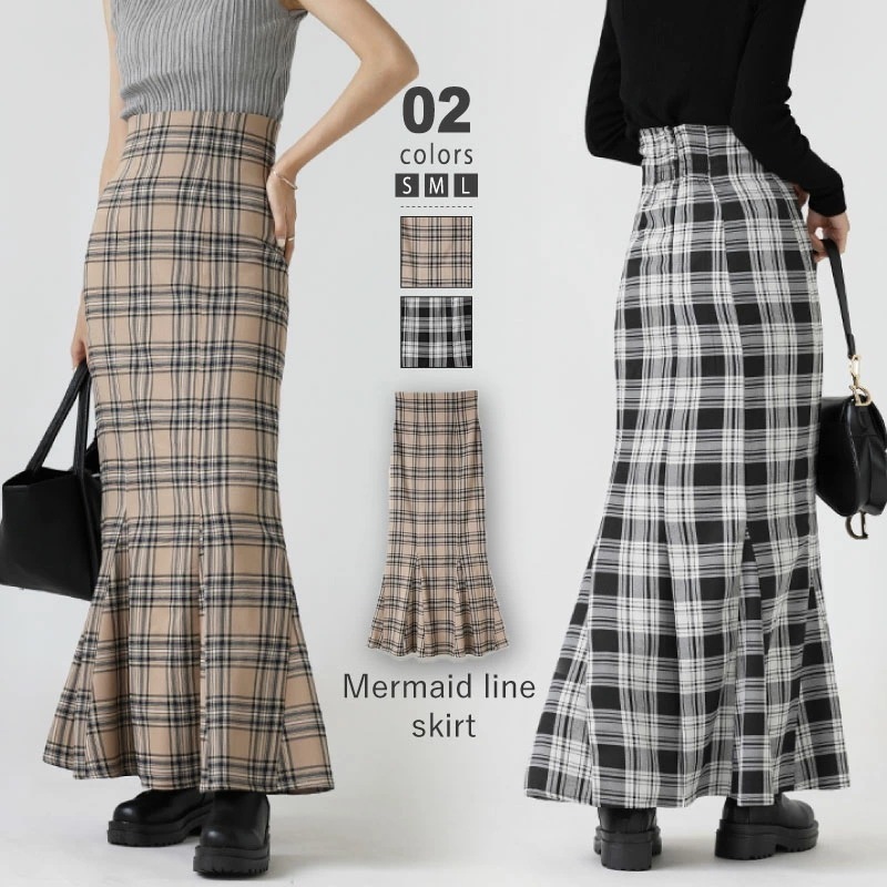 [迅速な配達][限時割!引!]レディース ボトムス マーメイド スカート S M L チェック柄 ロング丈 バックスリット ハイウエスト フェミニン チェック 大きいサイズ 秋 秋冬 韓国 黒 2