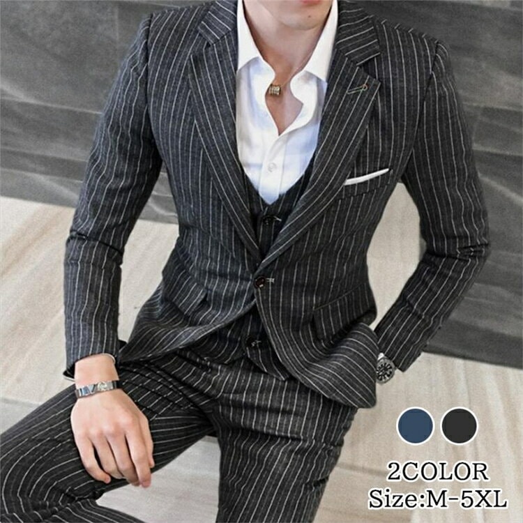 入学式ストライプジャケット+ベスト+パンIツスーツ3点セット/メンズスーツセット大きいサイズビジネス/フォーマル/パーティー/結婚式紳士服