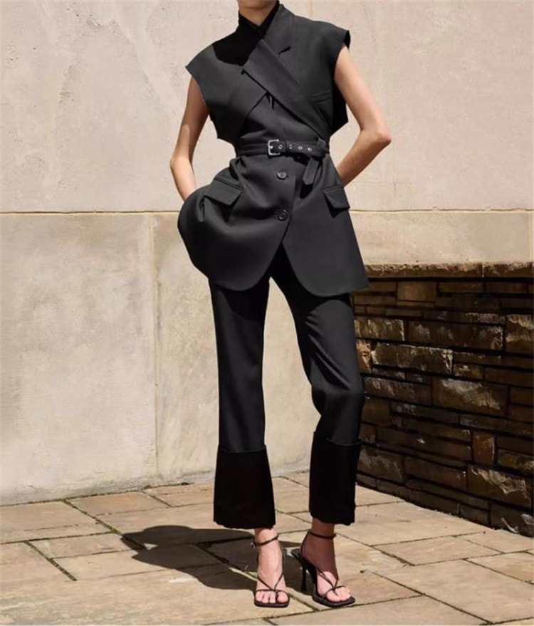 韓国ファッション 2025夏 シンプルスタイル ノースリーブブレザー ベルト付き ラペルデザイン