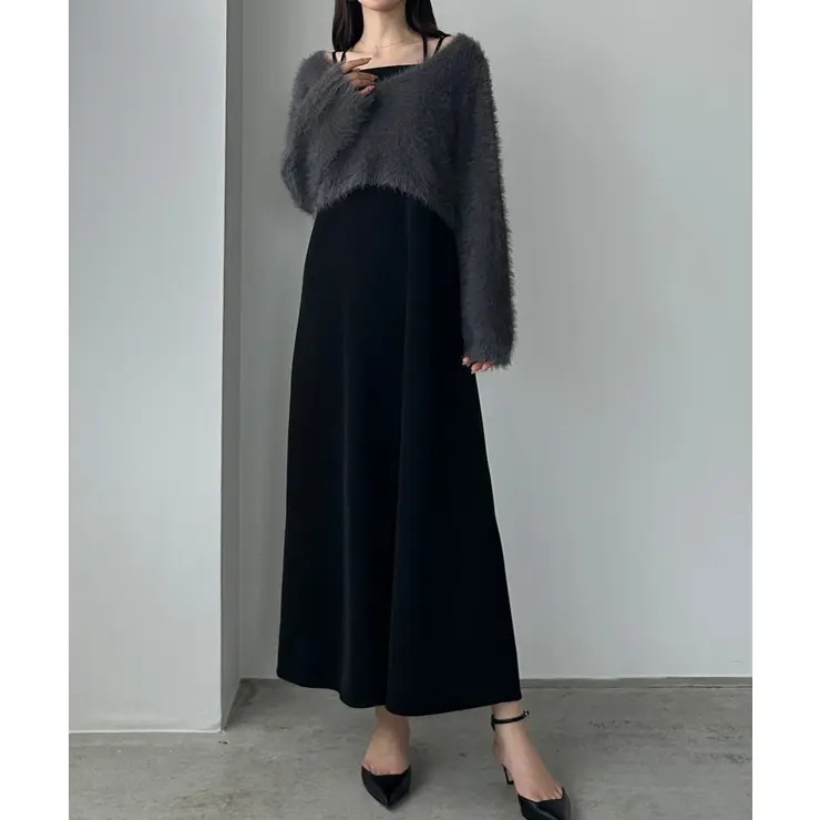 Louere　シャギーショートニット＋セミフレアキャミワンピースSET