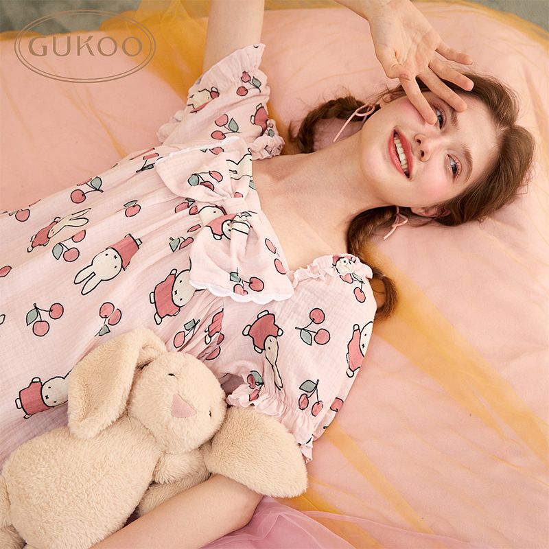 【最安値挑戦】 Gukoo果物殻夏女性ウサギ蝶結びレスピンク寝ているスカト家服はゆったりしていて外に着ることができます 新しい