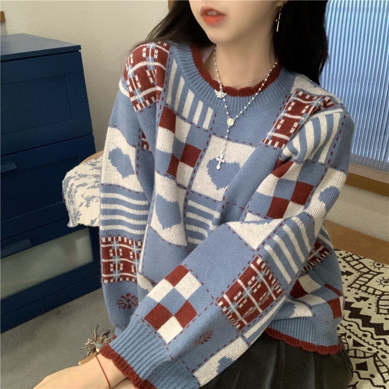 トップス セーター ニット 長袖 ニットセーター プルオーバー ハート チェック ラウンドネック かわいい 大人可愛い ラブリー 存在感 とろみ感 春 秋 冬 レディース 学生 お出かけ 休日 旅行
