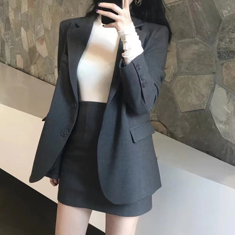 ハイエンドのカスタマイズ-韓国語版 ins2025 春と秋のスリムフィットスーツ女性のためのスーツの襟トップハイウエストスカート 2 点セット