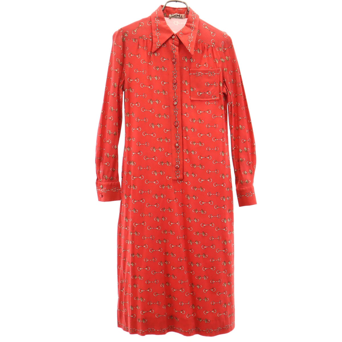 80s フランス製 ヴィンテージ 総柄 長袖 シャツワンピース 38 レッド プルオーバー レディース 古着