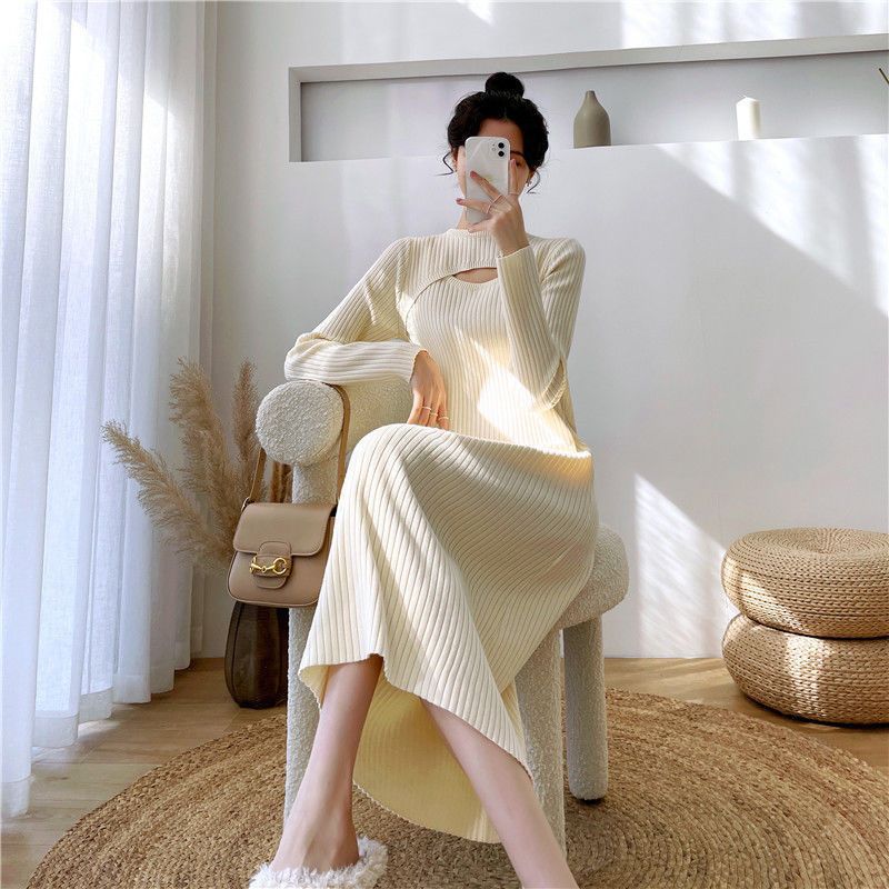 冬のワンピース ロングスカート 韓国ファッション レディース 春冬 透かし彫り ミドル丈のファースカート ニットワンピース ゆとりがある ひざ丈スカート