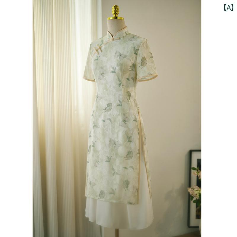 アオザイ チャイナドレス 夏 レディース ワンピース エレガント ミドル丈 オブリーク ティー シフォン グリーン