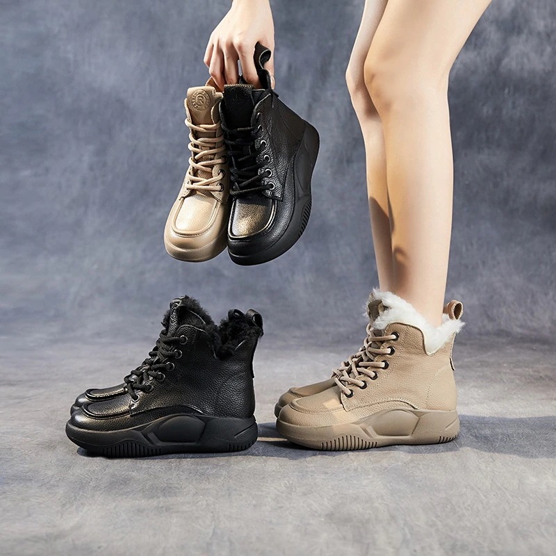 ファー一体型厚底vネックフロントレースアップ高見えウール暖かいレディースショートブーツ