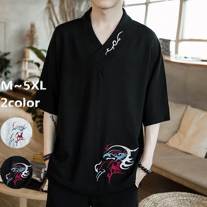 和風tシャツ 和装 メンズ 着物 七分丈 刺繍 浴衣 和服 龍 綿麻 ルームウェア カジュアル 大き Tシャツ 超ポイントバック祭 Coris Ec