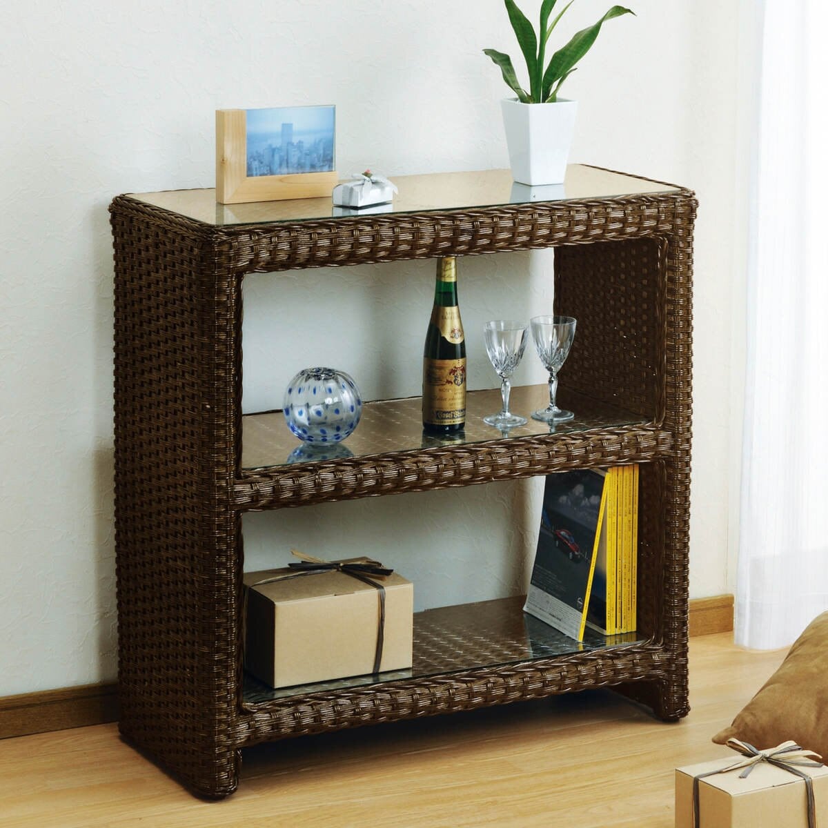 籐 収納ラック 3段 ガラス天板付 幅80cm ディスプレイラック オープンラック 棚 本棚 収納 ラタン 完成品 ラック リビング収納 花台 籐飾り棚 ブラウン アジアン おしゃれ 40,170円