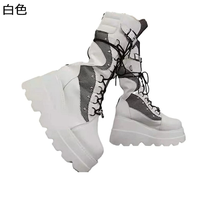 厚底 ショットブーツ パンク ミドルブーツ レディース プラットフォーム リベット バックル レースアップ ウェッジ7cm 軽い ロングブーツ 革靴 ゴシック クールゴス 地雷系 ロックストリート ゴ