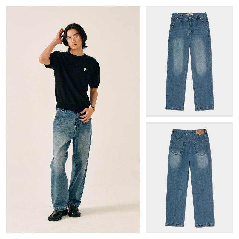 SATUR】 TAPERED RELAXED WASHED DENIM PANTS : MID BLUE