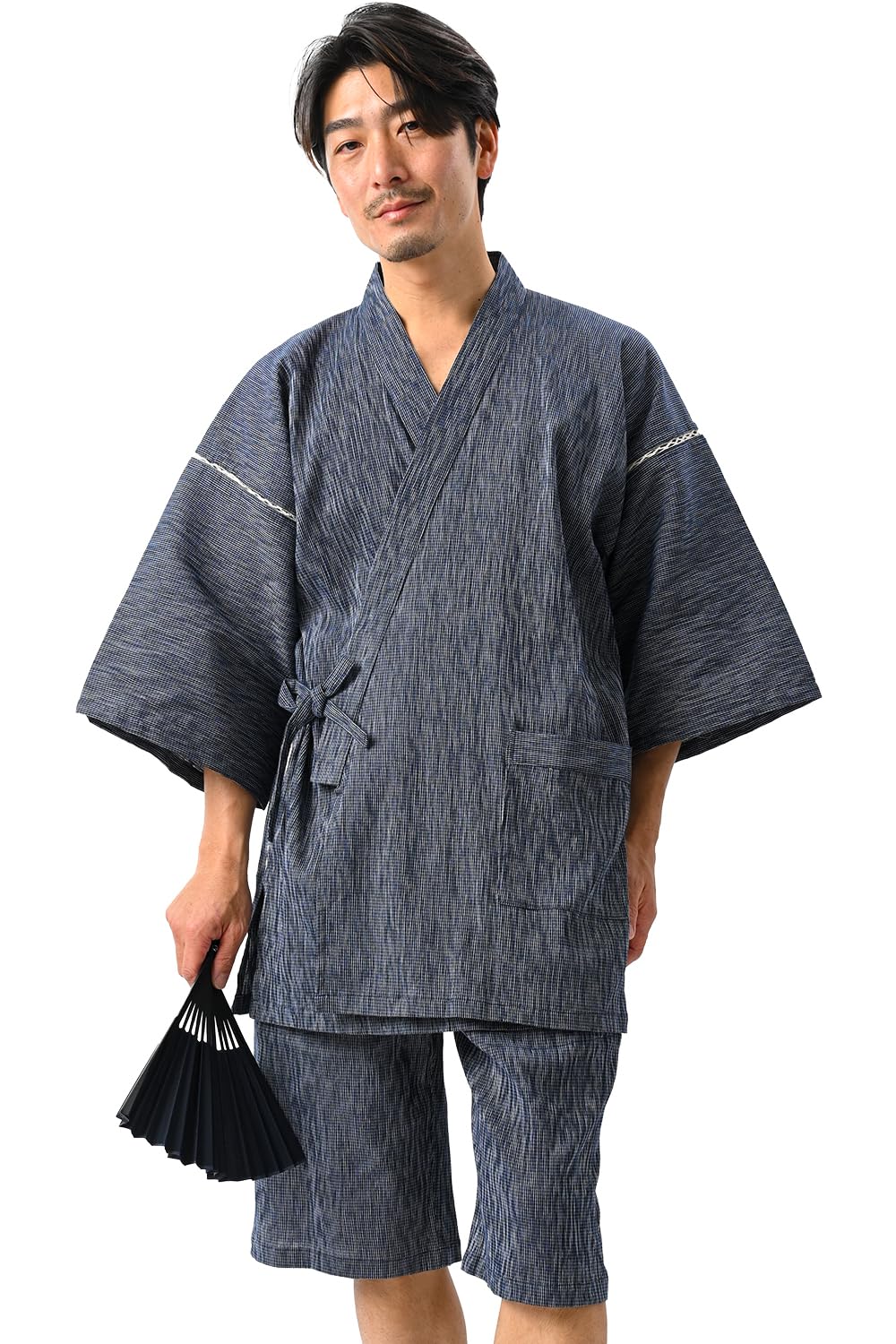 [nicolyfam] 甚平 日本製 高島ちぢみ 上下セット 綿100【高級甚平】 大人甚平 メンズ 夏 プレゼント ギフト 寝巻 ワンマイルウェア (ネイビー, L)