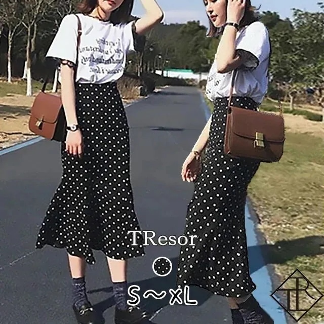 【急速出荷!】スカート レディース ロング ボトム 大きいサイズ ミモレ ミディアム丈 大人 スカート マーメイドライン Aタイプ 水玉 ゆるい オフィス カジュアル スレンダー ハイウエスト人気 S