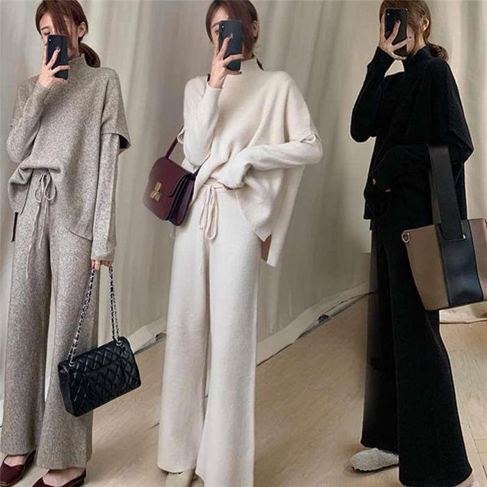 【2025新作登場】パンツセットアップ レデイーズ 40代 長袖 上下セット 3点セット ガウチョパンツ 無地 大きいサイズ ゆったり 大人 女子 上品 通勤 秋冬 ニットトップス