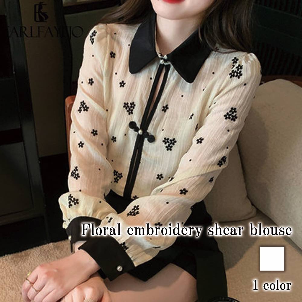 ブラウス レディース 花柄刺繍シアーブラウス 高品質 長袖 人気 フォーマル 白 事務服 厚手 黒 オフィス レース シフォン フリル おしゃれ ボウタイ Tシャツ カジュアル ブランド きれいめ ノ