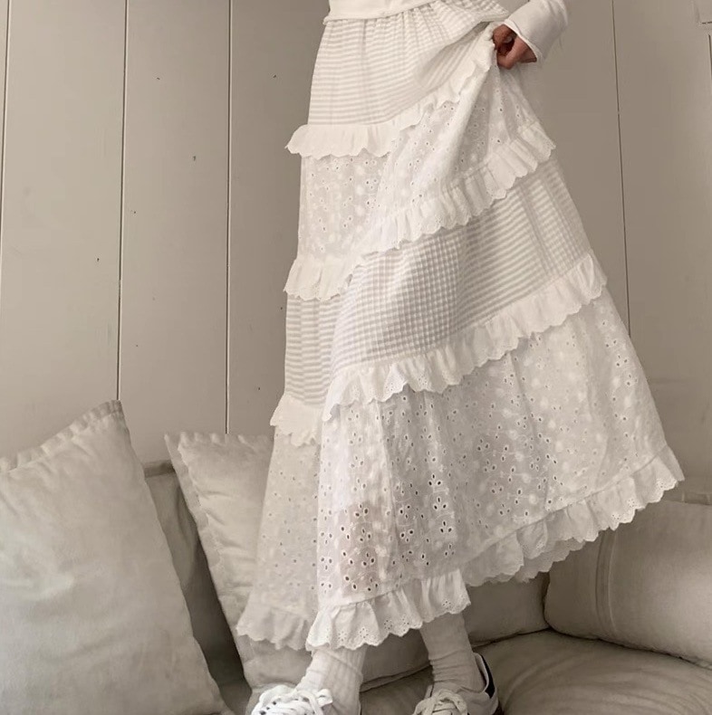 レディース スカート ボトムス ティアード フレアスカート ロングスカート レーススカート マキシ フレア Aライン フェミニン レース 刺繍 ハイウエスト 透け感 シースルー 切り替えデザイン