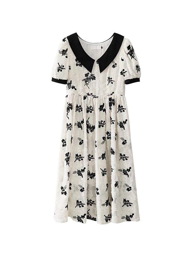 レトロ風 ワンピース シャツワンピース 膝下 袖あり 半袖 襟付き スリム デザイン 美ライン ニュアンス 刺繍 裏地 フリンジ バイカラー ロマンチック モノトーン かわいい 大人可愛い きれいめ