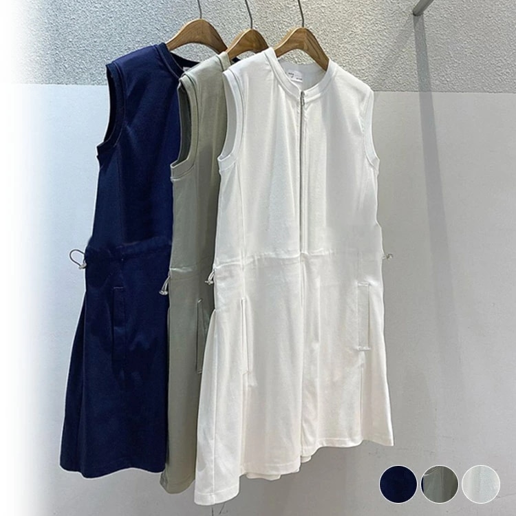 ゴルフウェア レディース 韓国 ワンピース ノースリーブ ショート丈 ミニワンピース シンプル 無地 おしゃれ ウエストマーク ゴルフ ゴルフウエア