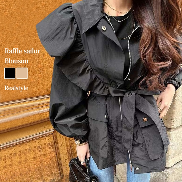 リボン付きラッフルセーラーブルゾン ジャンバー ジャンパー レディース 秋冬 長袖 軽い トップス ライトアウター 薄手 羽織り 上着 おしゃれ 可愛い カジュアル ウエストベルト 通勤 通学 学生 7,951円