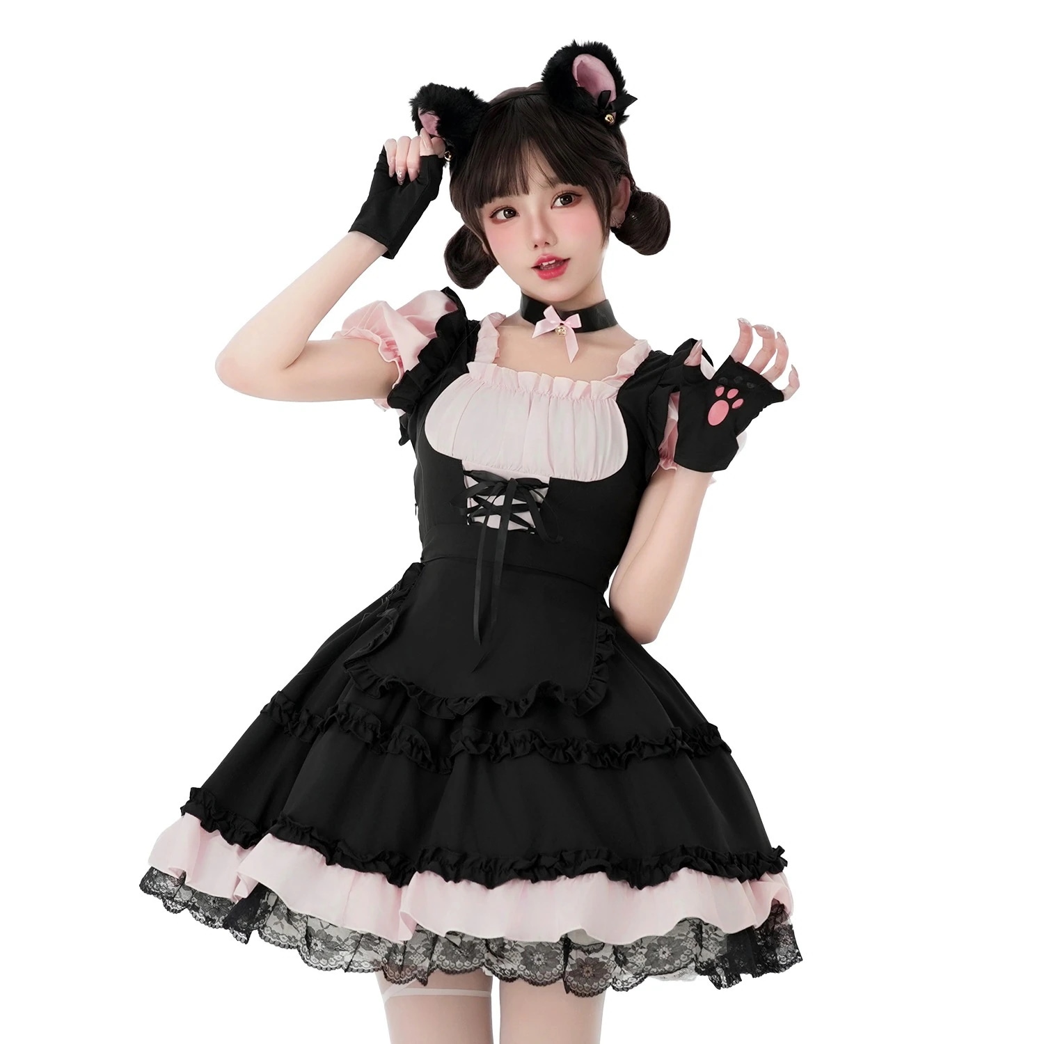 猫女性黒い白いメイド服装日系アニメコスプレローリー王女メイド制服cosはワンピースを演じます