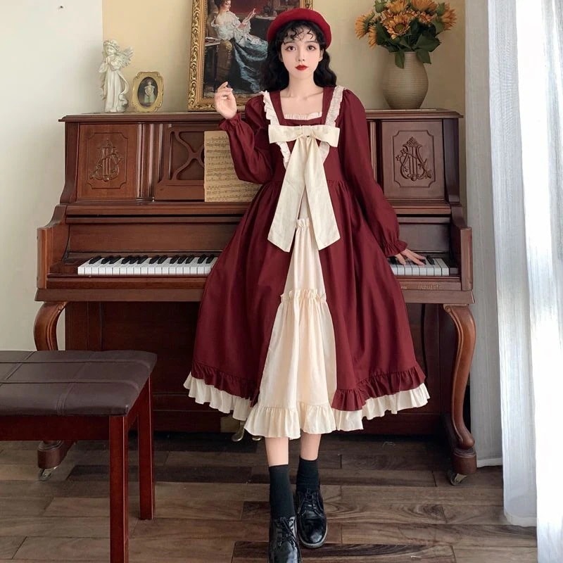 秋 スカート アカデミック やせて見える フランス 角領 ミディアム 長袖 ワンピース