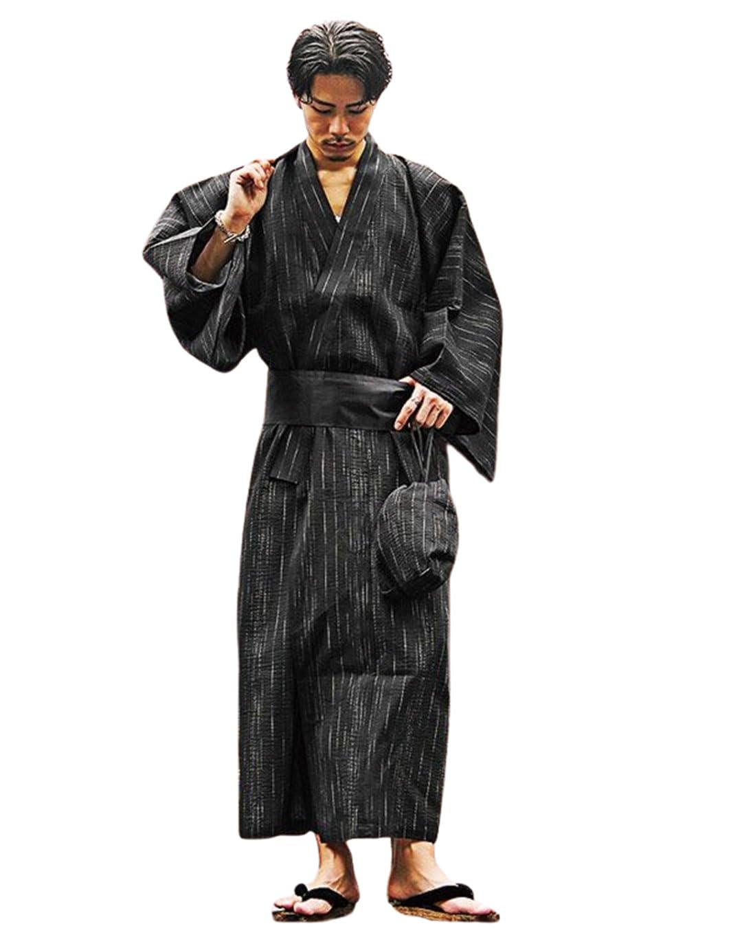 [サムディフ] 「スグに使える5点浴衣セット」 メンズ 帯 ワンタッチ 下駄 扇子 巾着 和服 花火大会 夏祭 信玄袋 モダン レトロ