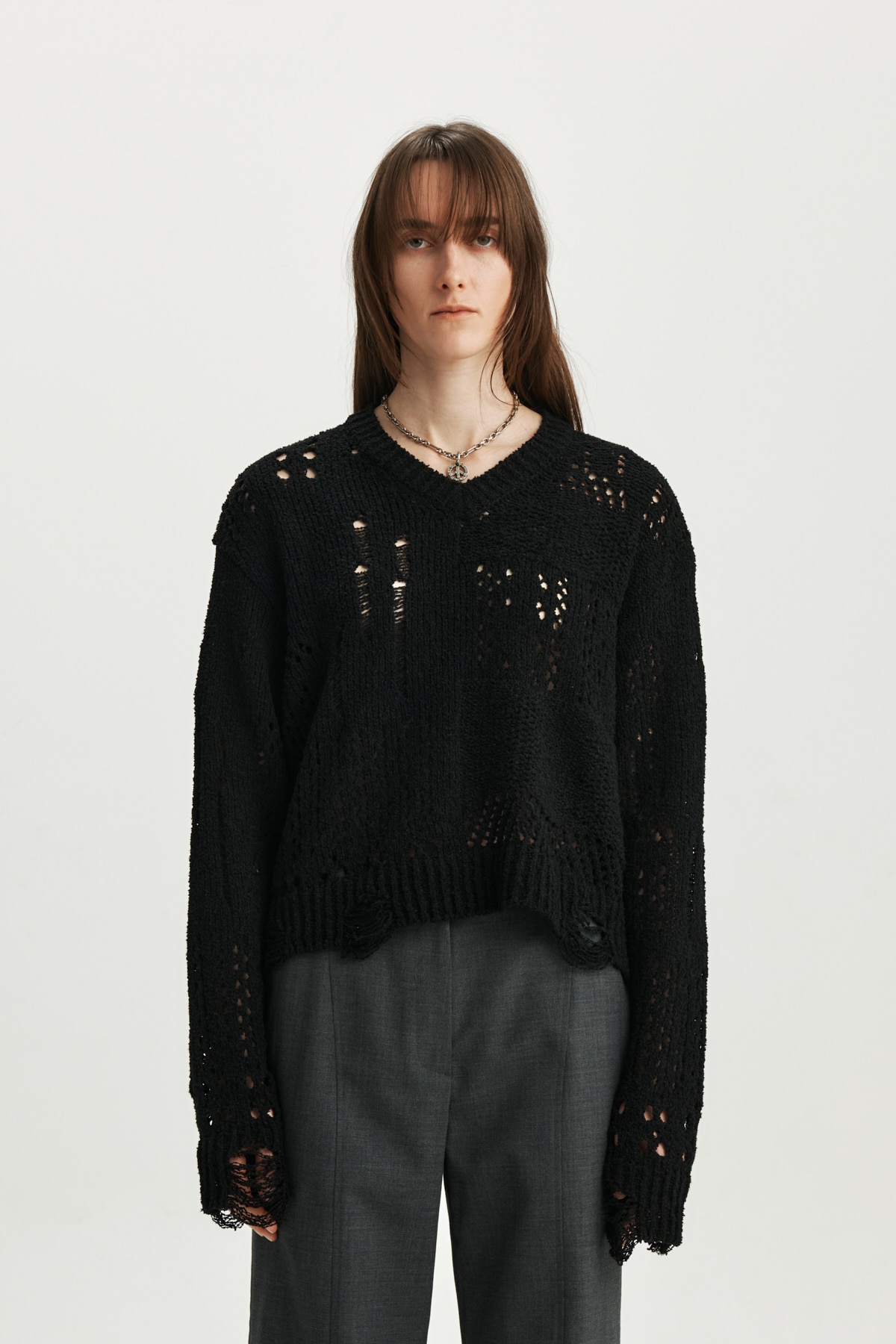 【KIMMATIN】 CROCHET DAMAGE PULLOVER IN BLACK