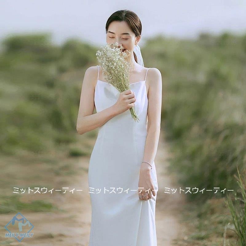 ウェディングドレス スレンダードレス キャミソール ウエディングドレス 二次会 シンプル 袖なし 花