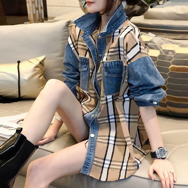 【人気上昇中】 チェック柄 切り替え デニム ポケット付き 折り襟 シングルブレスト ジャケット