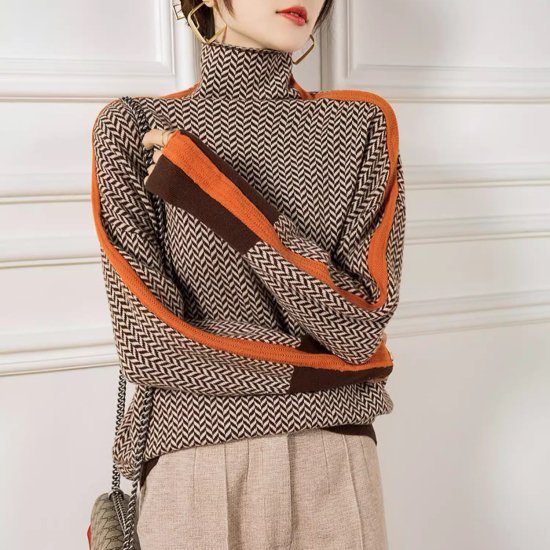 ハイネックセーター レディース ニットセーター 配色ニット タートルネック ニット セーター 総柄 ライン ユニーク 個性的 デザインニット きれいめ エレガント カジュアル オフィス おしゃれ