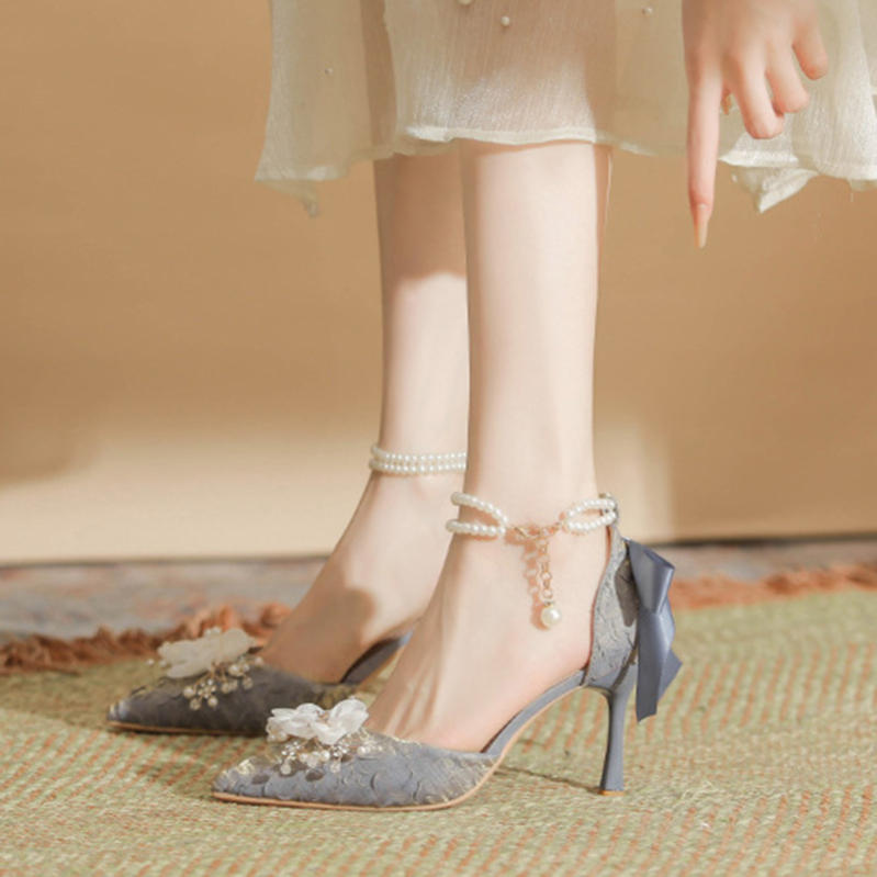 777円OFFクーポン ホワイト薔薇 パンプス パールアンクル 花嫁系 ポインテッドトゥ レース ピンヒール リボン フラワー ハイヒール レディース エレガント デート ロリータ 四季通用 茶話会