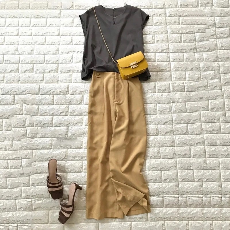 【二点セット】無地 半袖 きれいめ系 トップス+ハイウエスト パンツセット