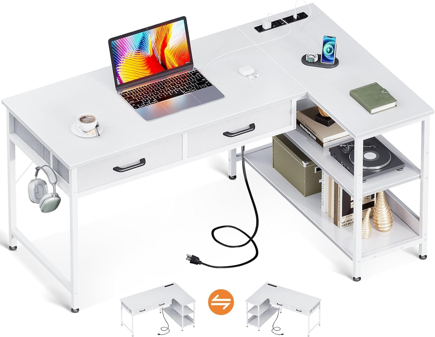 AODK パソコンデスク 引き出し2杯付き ゲーミングデスク コンセント付き l字デスク デスク 机 幅100 pcデスク 棚付き 勉強机 収納 desk 在宅勤務 书桌 仕事用 組立簡単 ホワイト