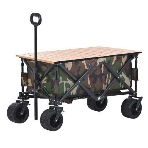 BTM キャリーワゴン 折りたたみ テーブル付き 自立可 超大直径タイヤ 洗える 耐荷重100kg 頑丈 持ち運び便利 キャリーカート 台車 アウトドア キャンプ用品 買い物【カモフラ】