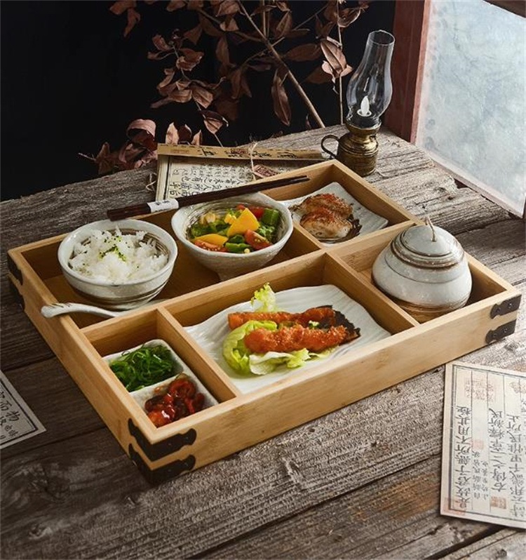 INSスタイル 陶器製 一人用食器セット【お椀・プレート・竹トレー付き】仕切り皿＆スプーン箸セット 和モダンなこだわり餐具