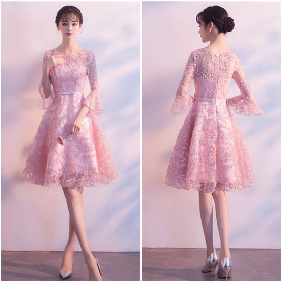 【取寄：納期2週間】演奏会ドレス 結婚式ドレス 大きいサイズ XL 2XL 3XL 七分袖 体型カバー フェミニン フレアスリーブ Uネック パーティードレス フォーマル セレモニー イブニングドレス