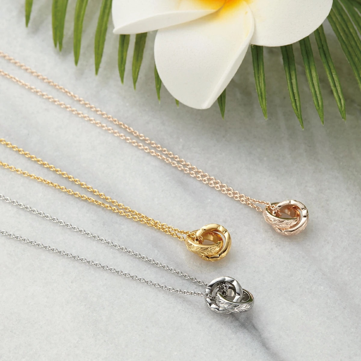 ネックレス メンズ サージカルステンレス製 ハワイアンジュエリー リング ２連 プルメリア 波