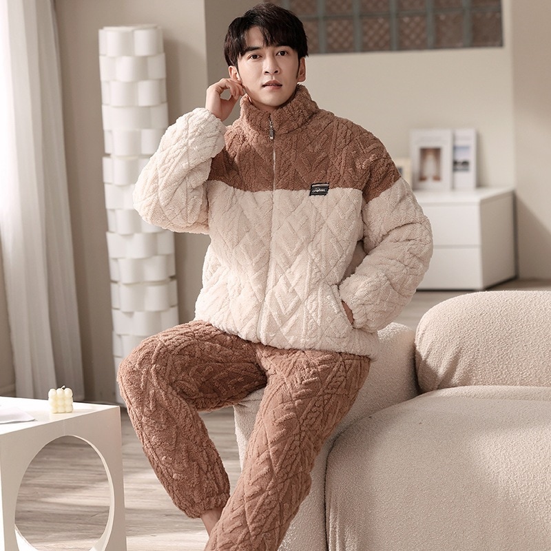 冬の男性パジャマフランネル三層綿とベルベットの超厚保温サンゴの綿入れの家庭服セット冬 6,577円