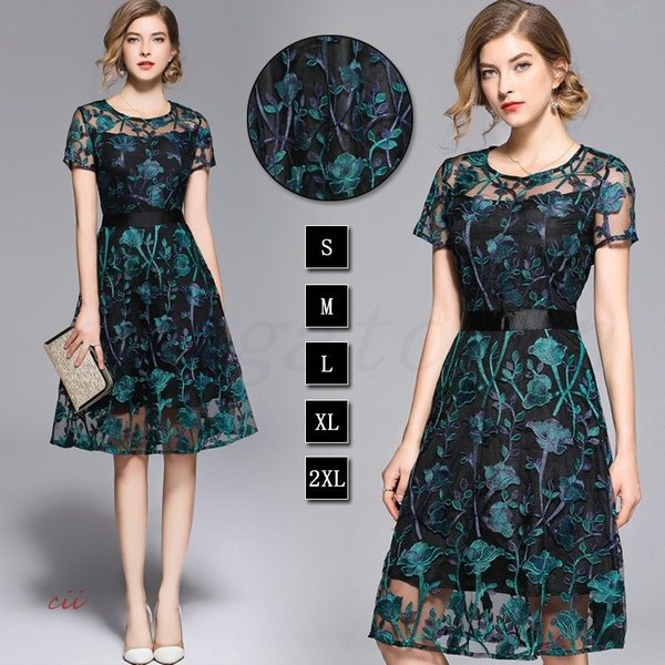 ワンピース レディース 40代 レースワンピース 50代 花柄 夏ワンピース Aラインワンピース 体型カバー 刺繍 着痩せ ひざ丈ワンピース きれいめ