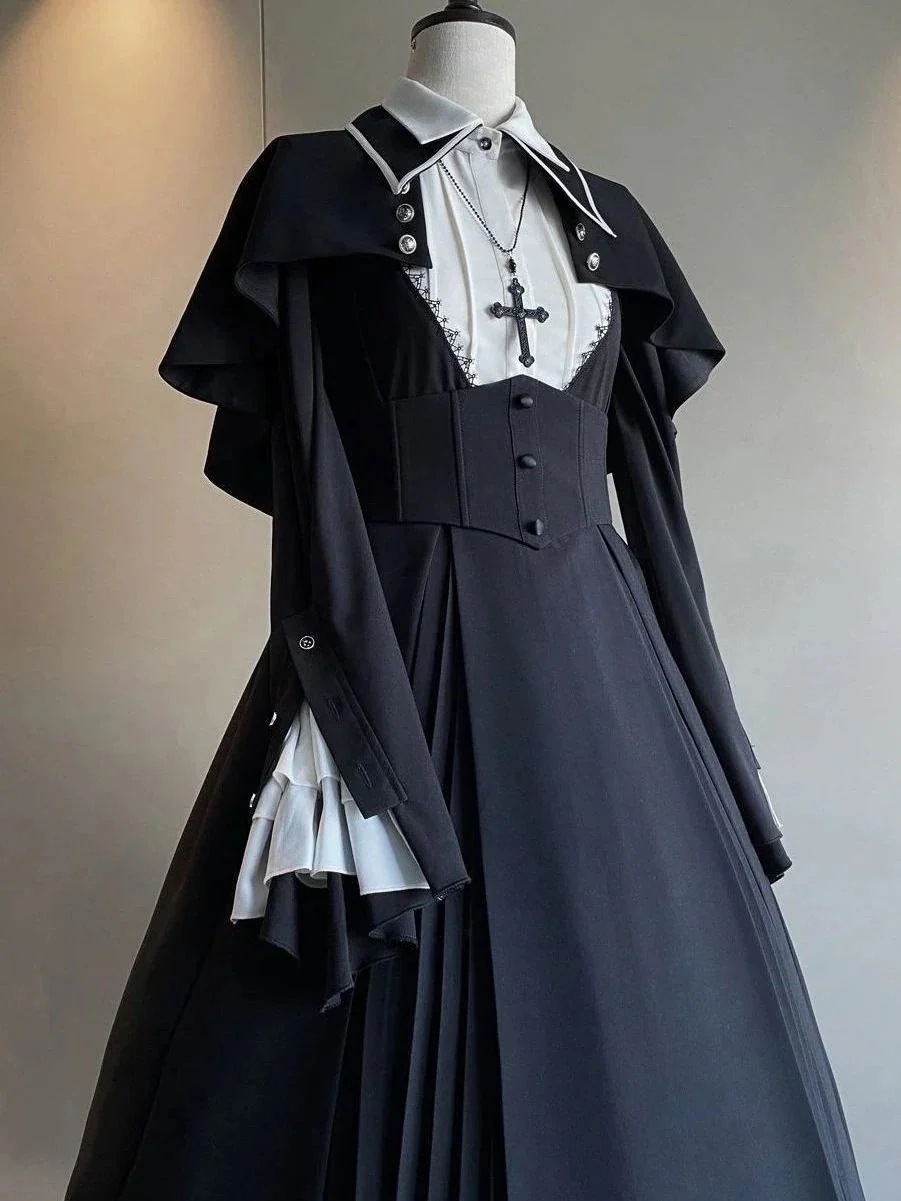 ロング3点セットクロスプレイズ ロリータドレス ダーク 修道女風コス フィービー1390