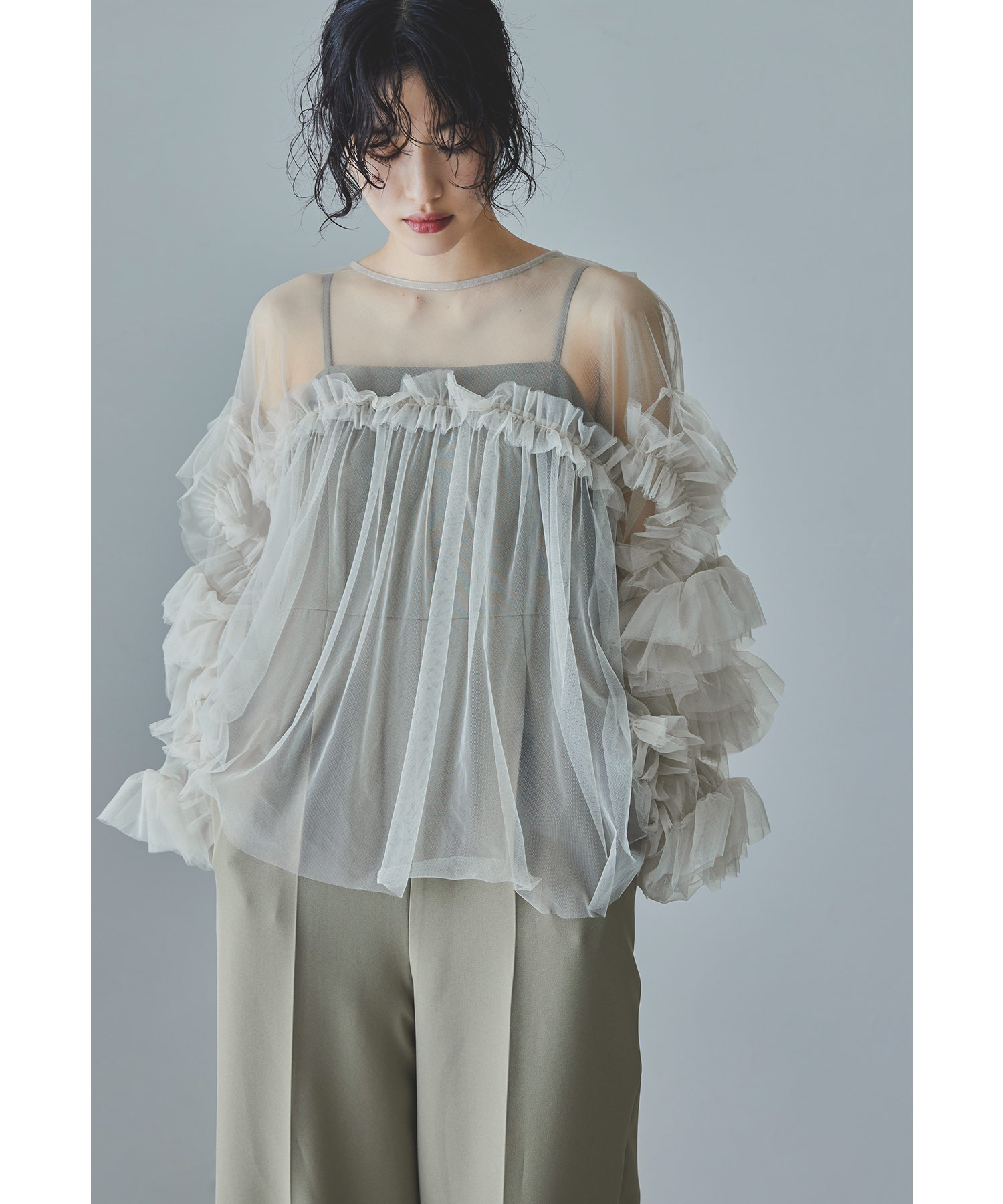 チュールフリルブラウス レディース シアー ボリューム袖 レイヤード シャツ トップス ドット お呼ばれ パーティー 結婚式 二次会 披露宴 成人式 同窓会 卒業式 フォーマル オケージョン 長袖